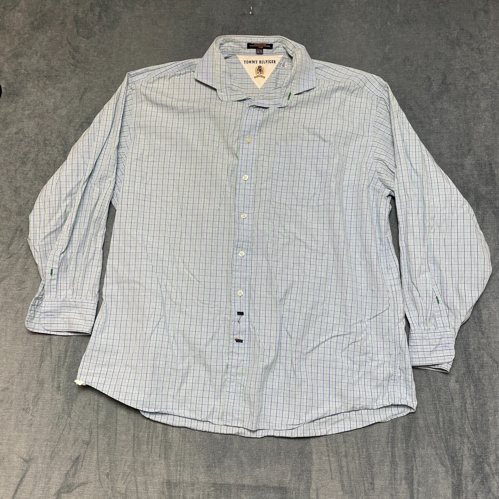 VTG Tommy Hilfiger Dress Shirt Mens 17.5 34-35 Blue Checkered Cotton Long Sleeve